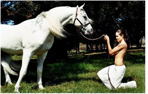 Angelina Jolie with horse in meadow
